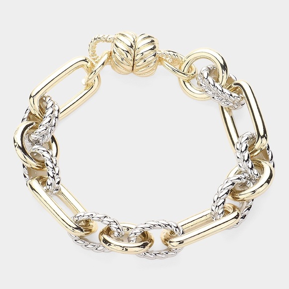 Chunky Two Tone 14K GP Chain Link Bracelet Magnetic Closure - Picture 1 of 3